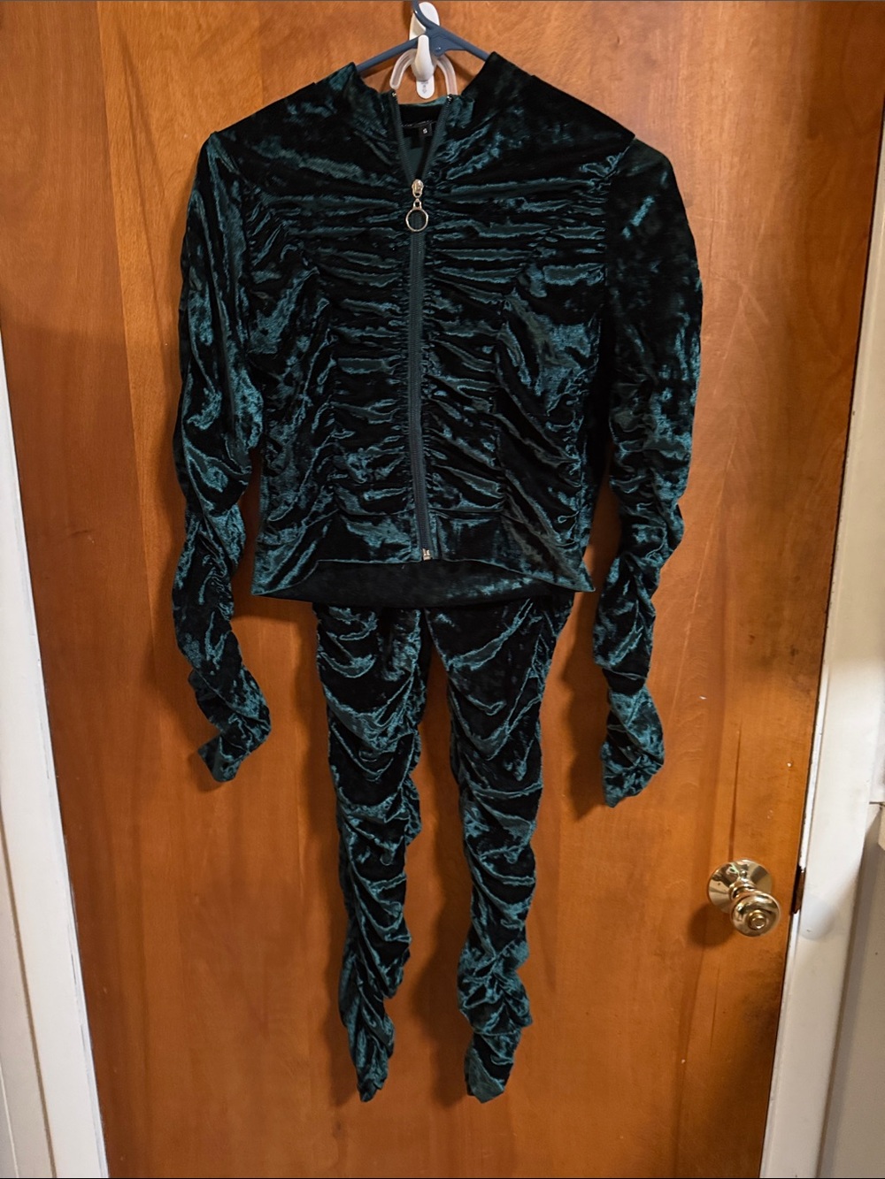 Velvet Ruched Zip Jacket with pants in Dark green